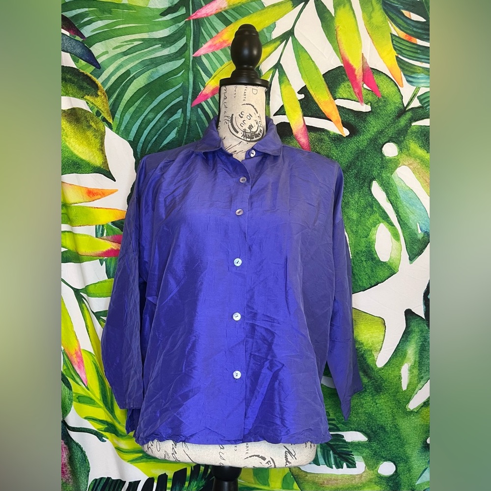 Eileen Fisher MP 100% Silk Dark Blue Purple Button Office Preppy City Blouse